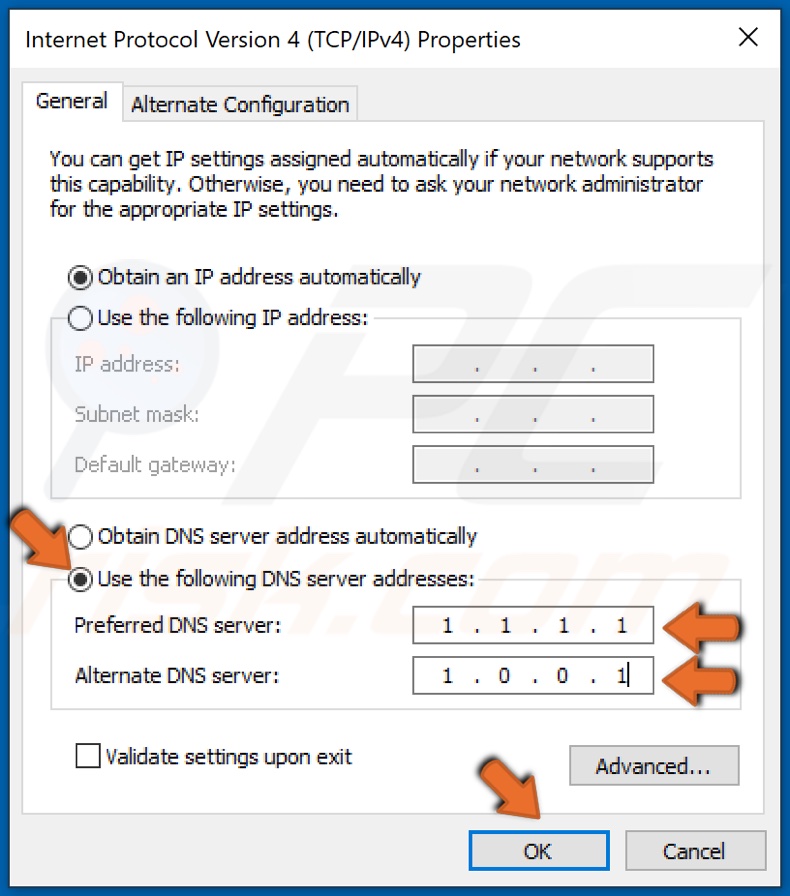 Enter new preferred and alternate DNS server addresses