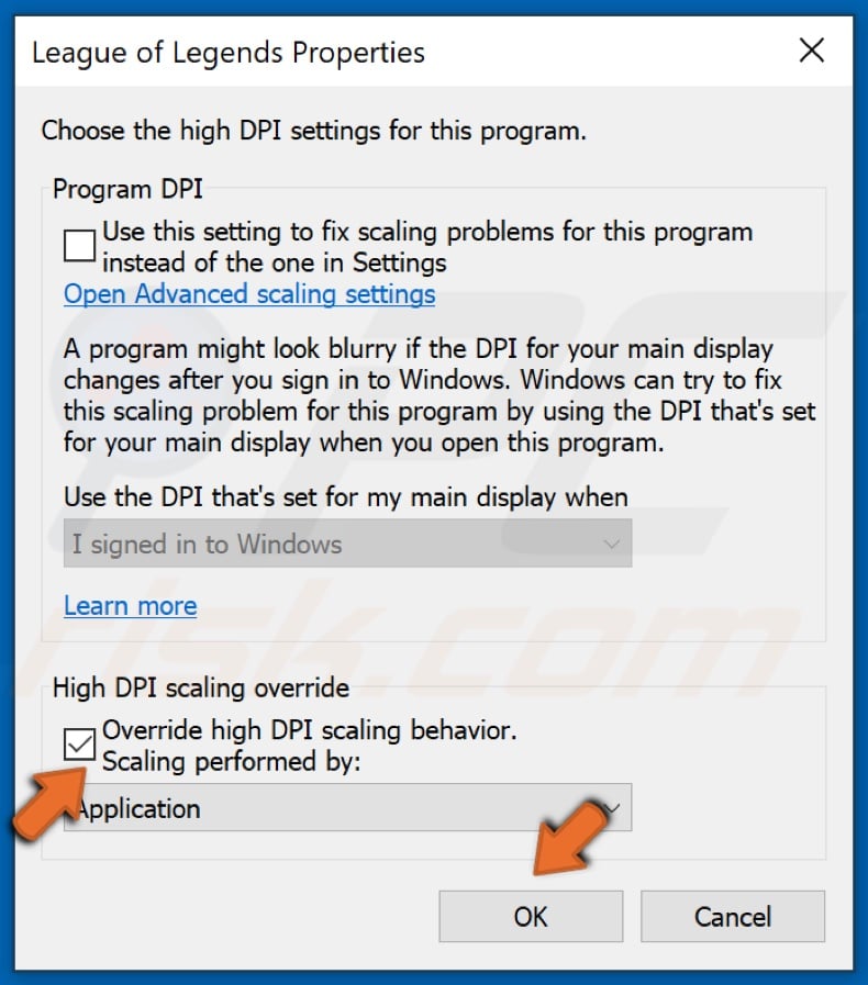 Check the Override high DPI scaling checkbox and click OK