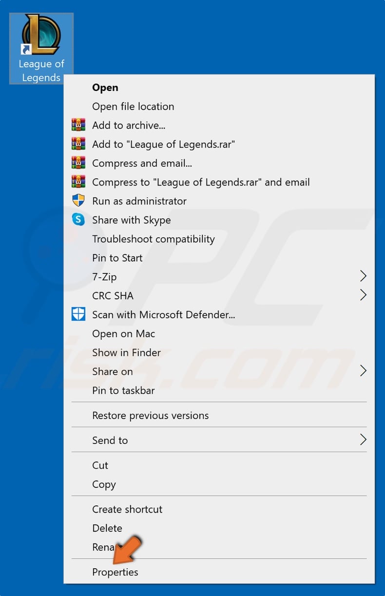 Right-click League of Legends icon and click Properties