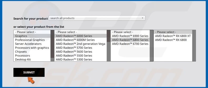 Select your AMD graphics card and click Submit