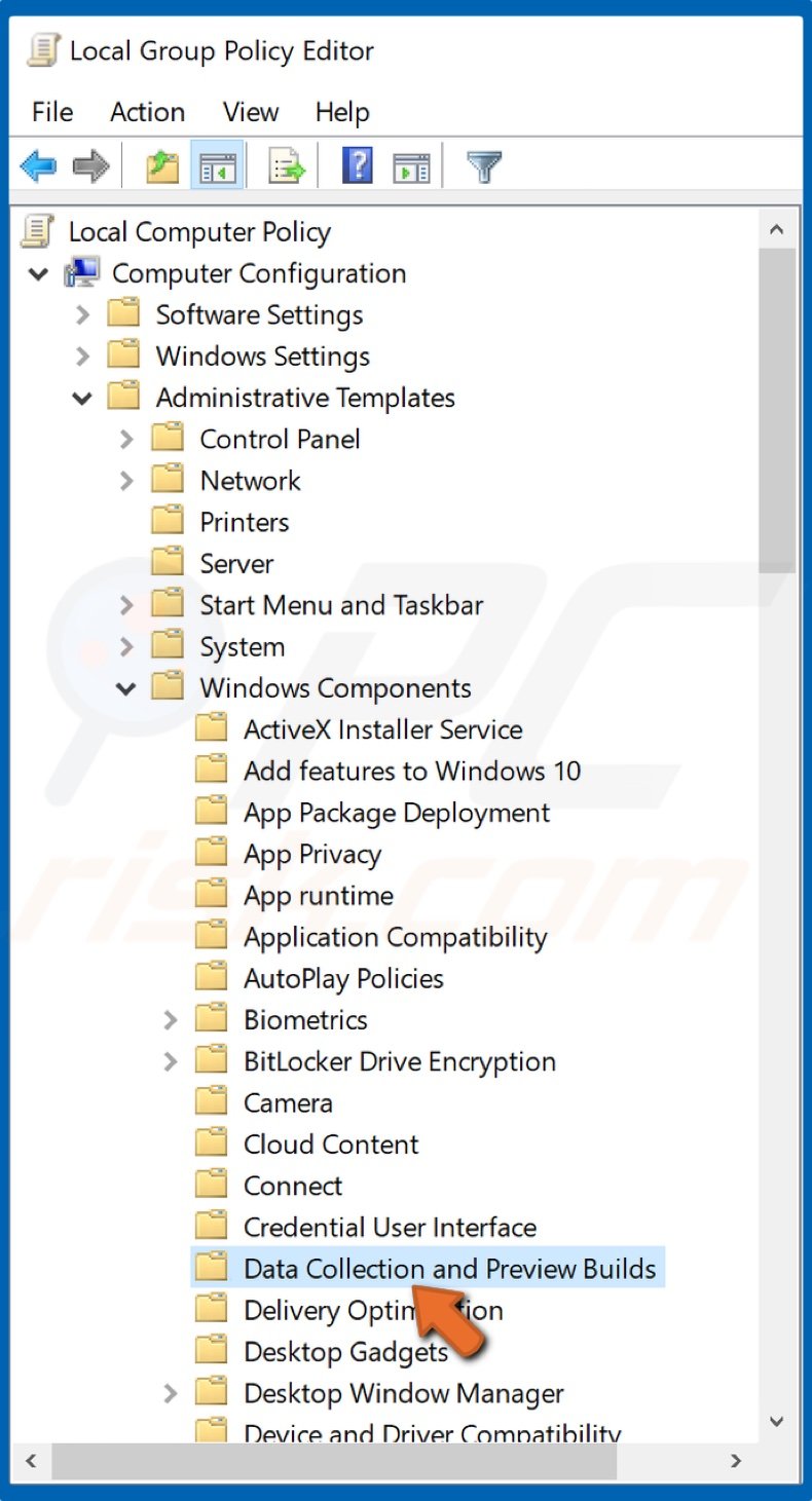 Navigate to Data Collection and preview Builds in Local Group Policy Editor