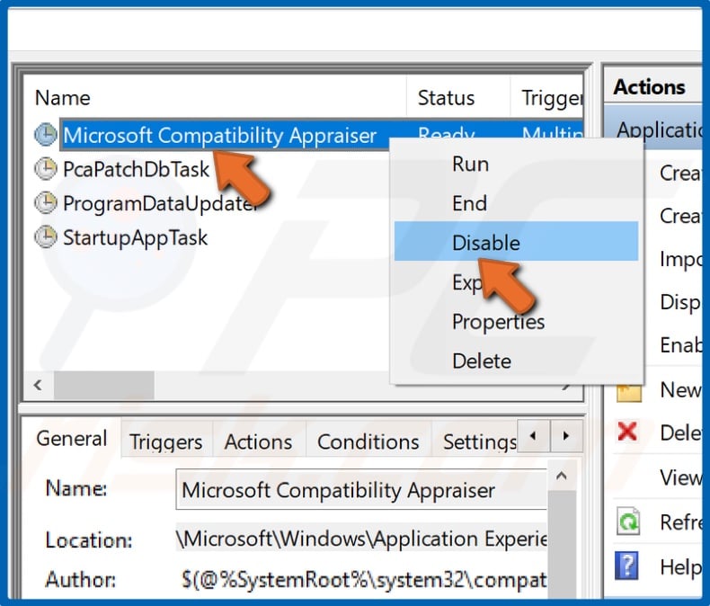 Right-click Microsoft Compatibility Appraiser and select Disable