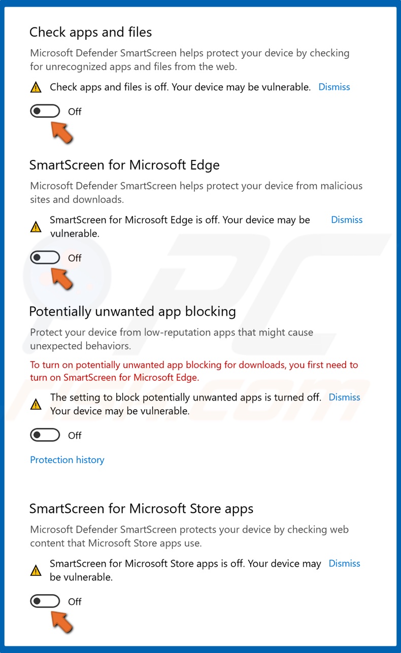 Toggle off Microsoft Defender SmartScreen for apps and files, Microsoft Edge, and Microsoft Store apps