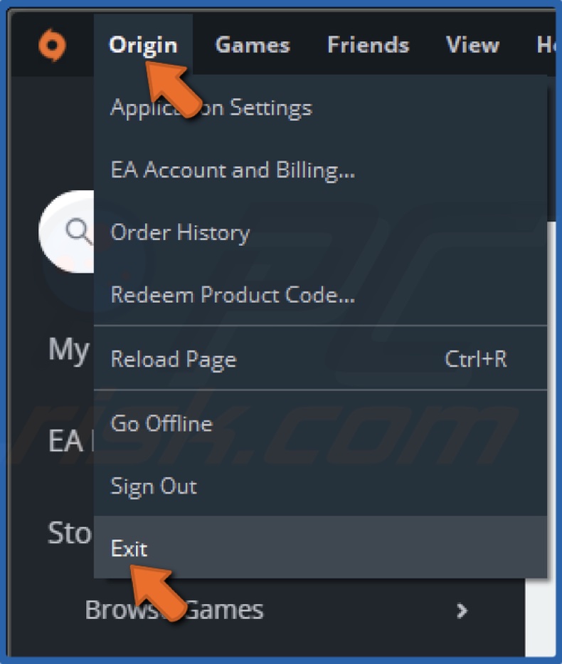 Open the Origin trop-down menu and click Exit
