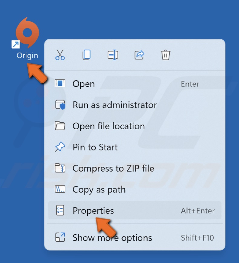 Right-click the Origin desktop shortcut and click Properties