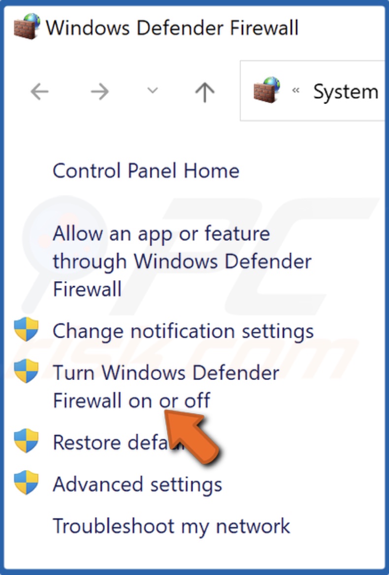 Select Turn Windows Defender Firewall on or off in the left pane