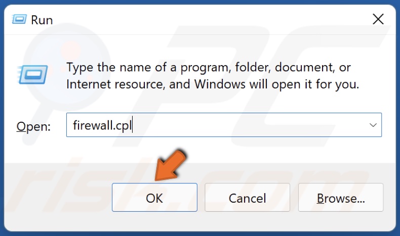 In the Run dialog box, type in firewall.cpl and click OK