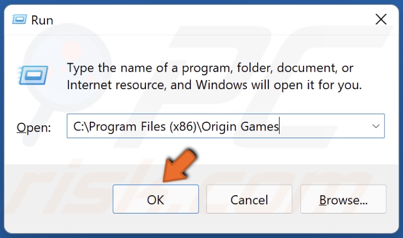 In the Run dialog box, type in C:Program Files (x86)Origin Games and click OK