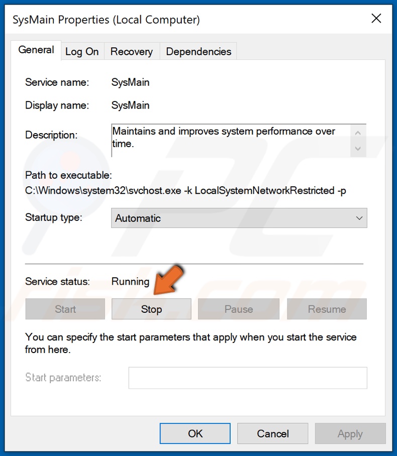 Click Stop under Service status