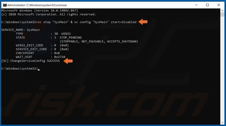 Enter command to disable SysMain via Command Prompt