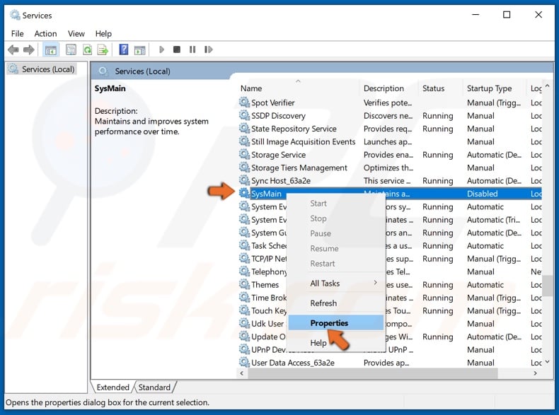 Right-click SysMain and click Properties