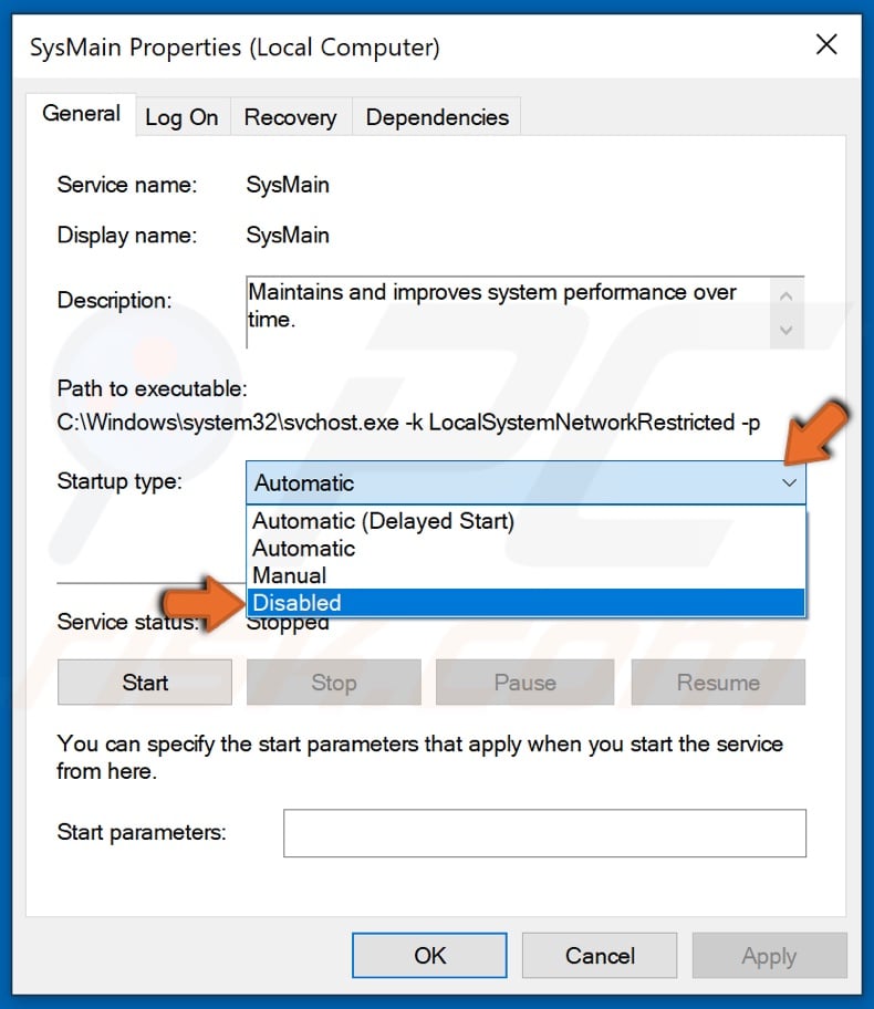 Click Disabled under Startup type