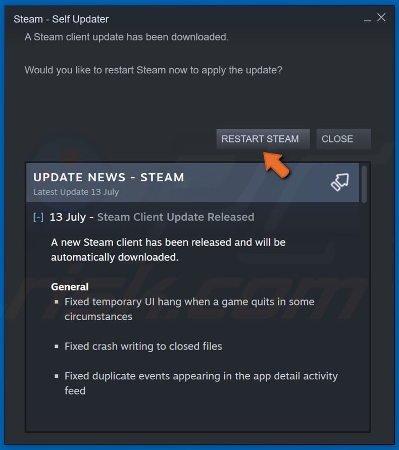 Click Restart Steam to complete the update process