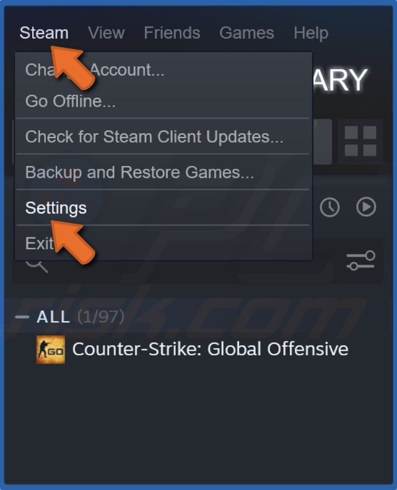 Open the Steam nenu and select Settings
