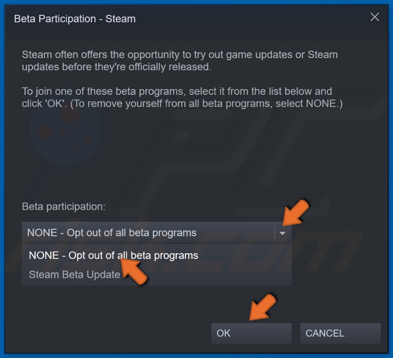 Select NONE - Opt out of all beta programs