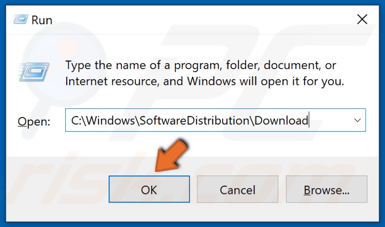 Enter the Windows Update Cache file path in Run and click OK