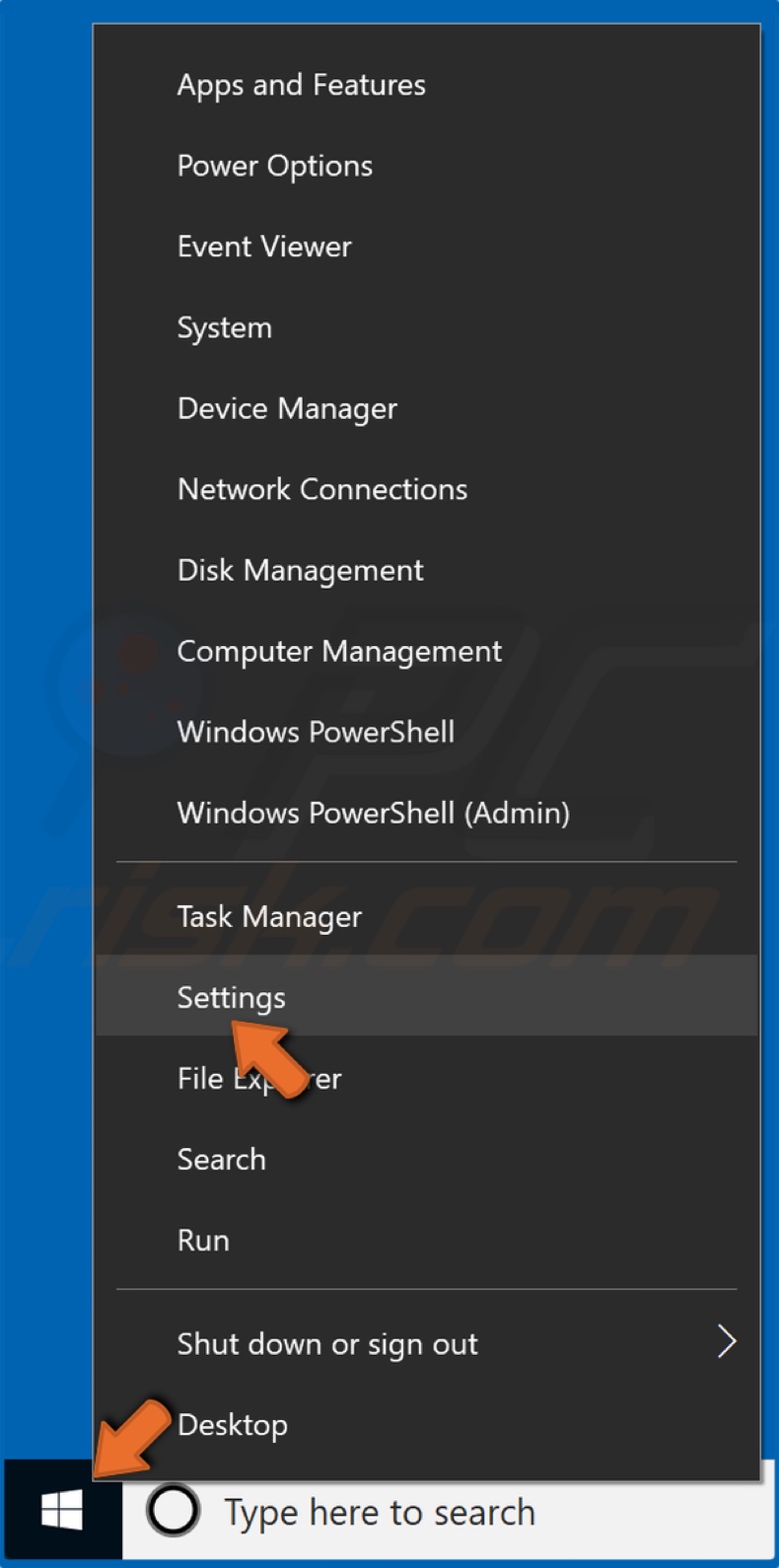 Right-click Start and select Settings