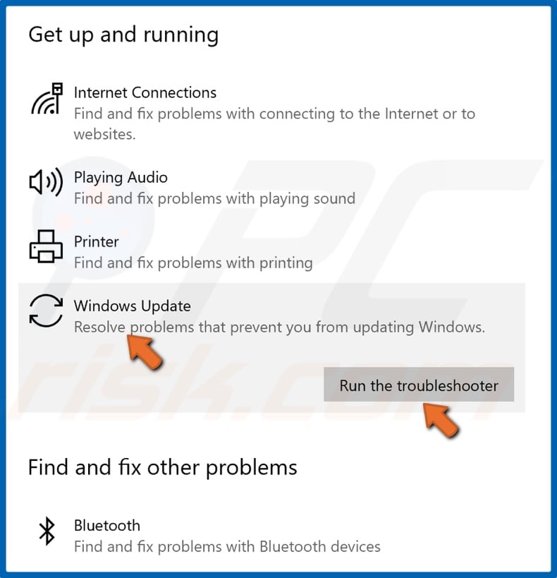 Select Windows Update and Run the troubleshooter