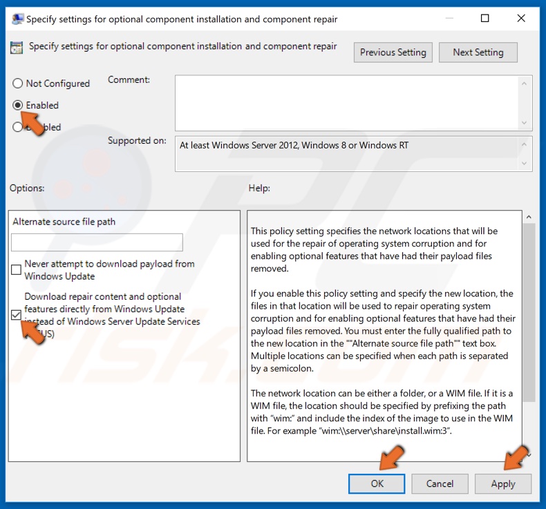 Enable Optional Component installation using Windows Update