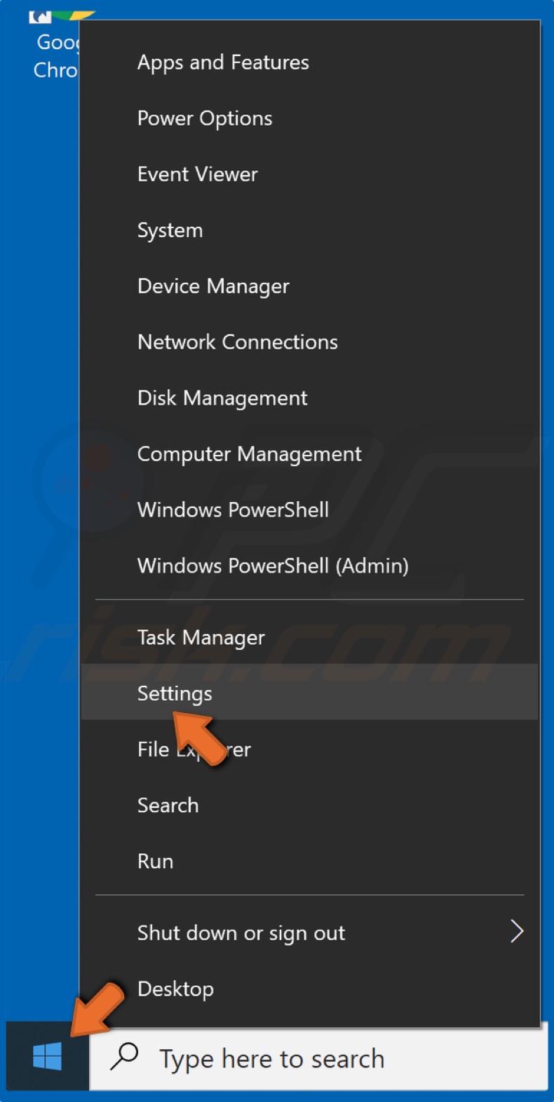 Right-click the Windows Start Menu button and click Settings