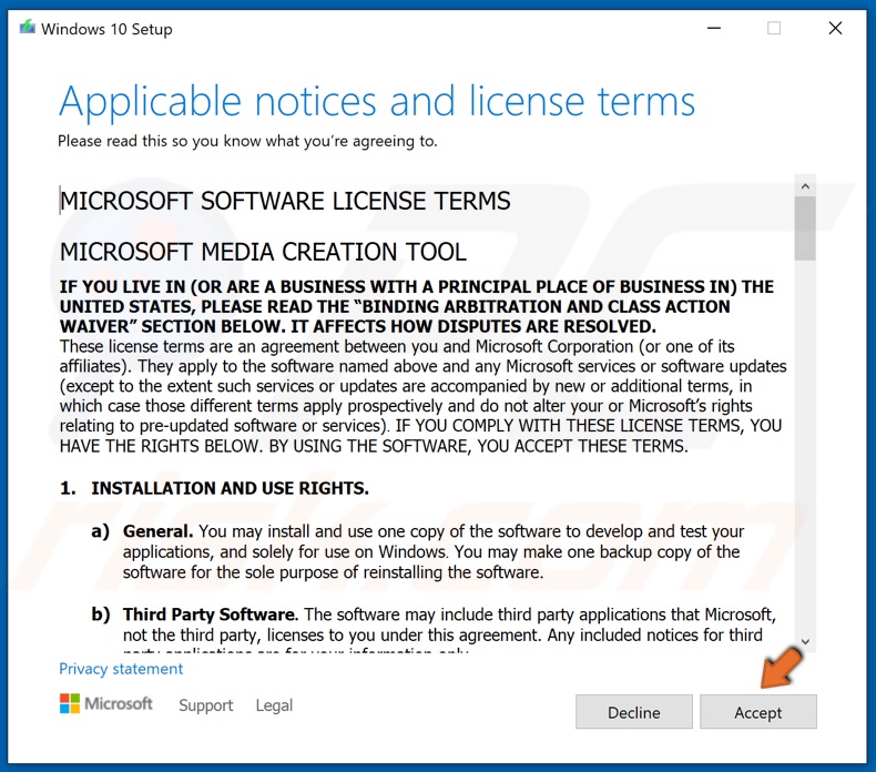Accept the Media Creation Tool License terms