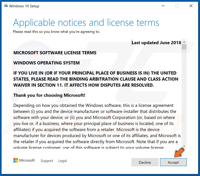 Accept the Windows 10 license terms