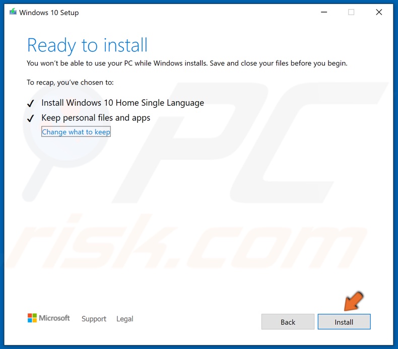 Click Install to initiate the installation of Windows 10