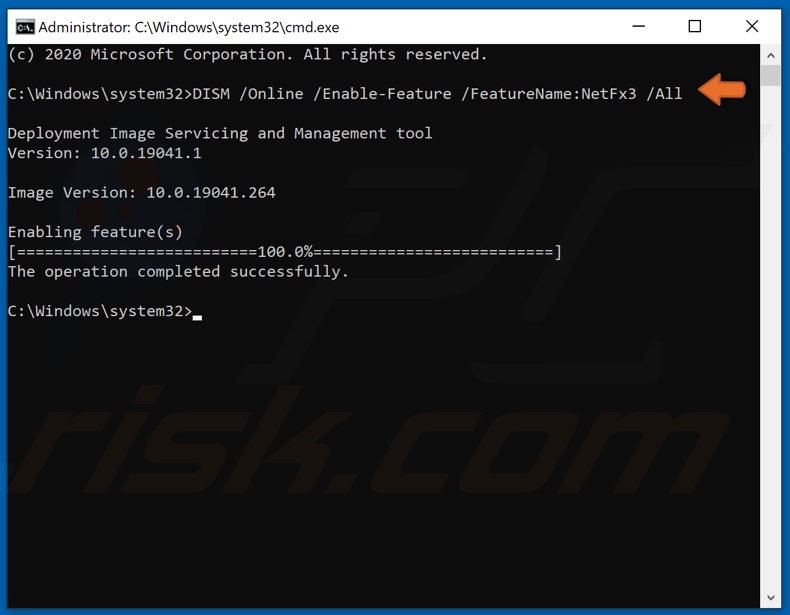 Type in the command to enable .NET Framework 3.5 in CMD and hit Enter