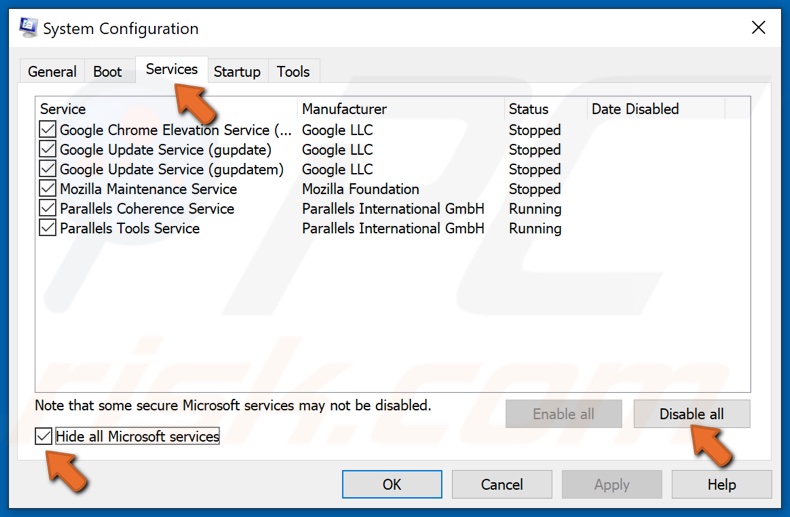 Mark Hide all Microsoft Services and click Disable All