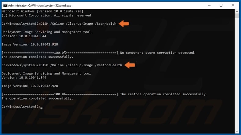 Rin DISM ScanHealth and RestoreHealth commands in the Command Prompt