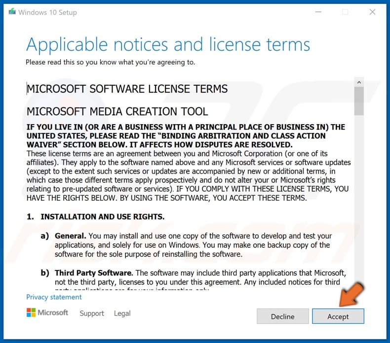 Accept the Media Creation Tool license agreement