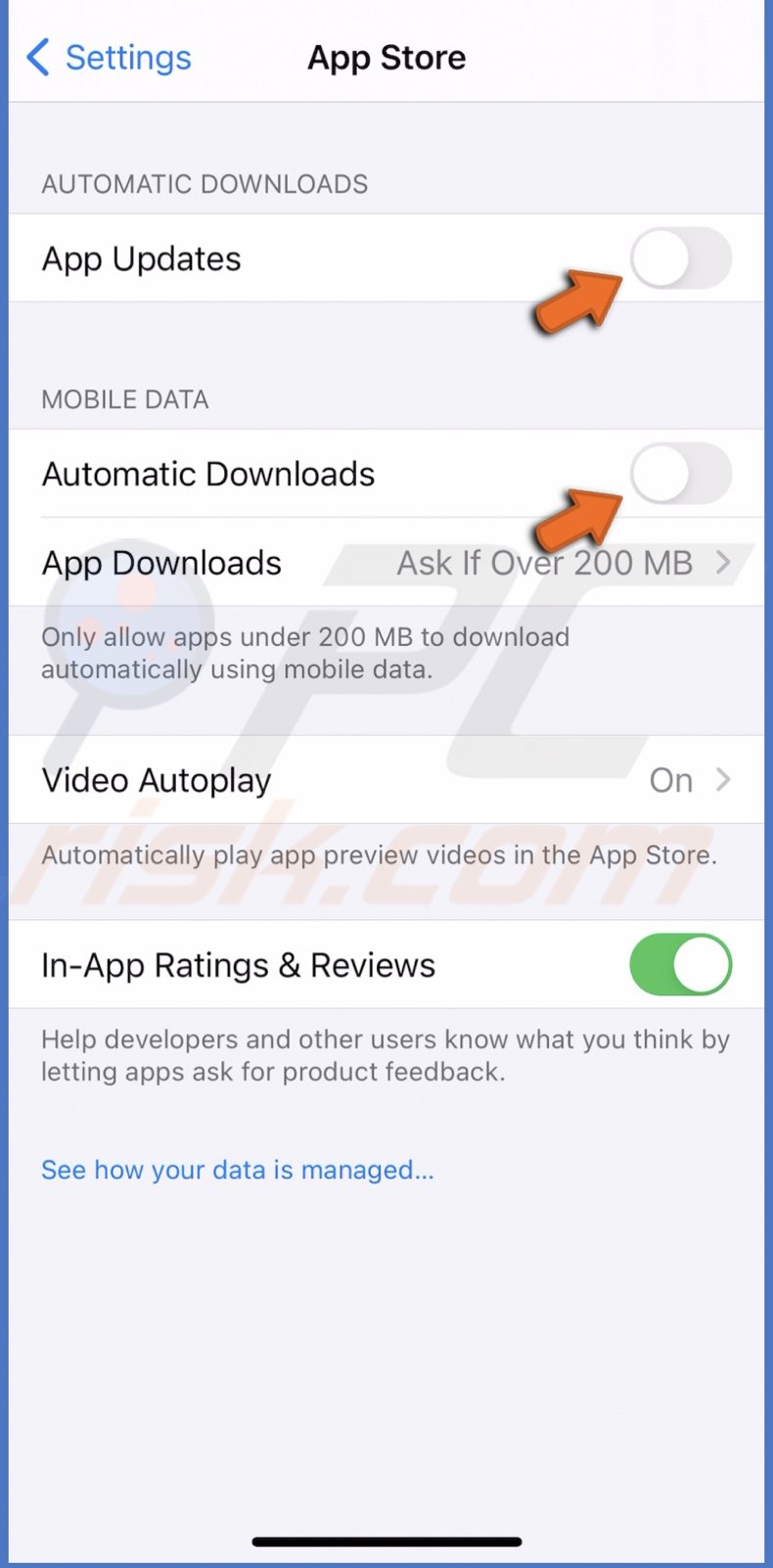 Disable app updates and automatic downloads