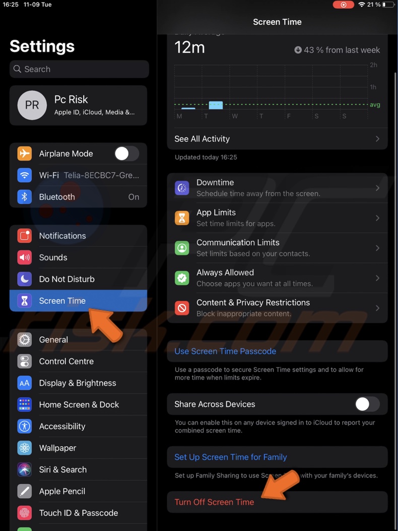 how do i turn screen time off on ipad