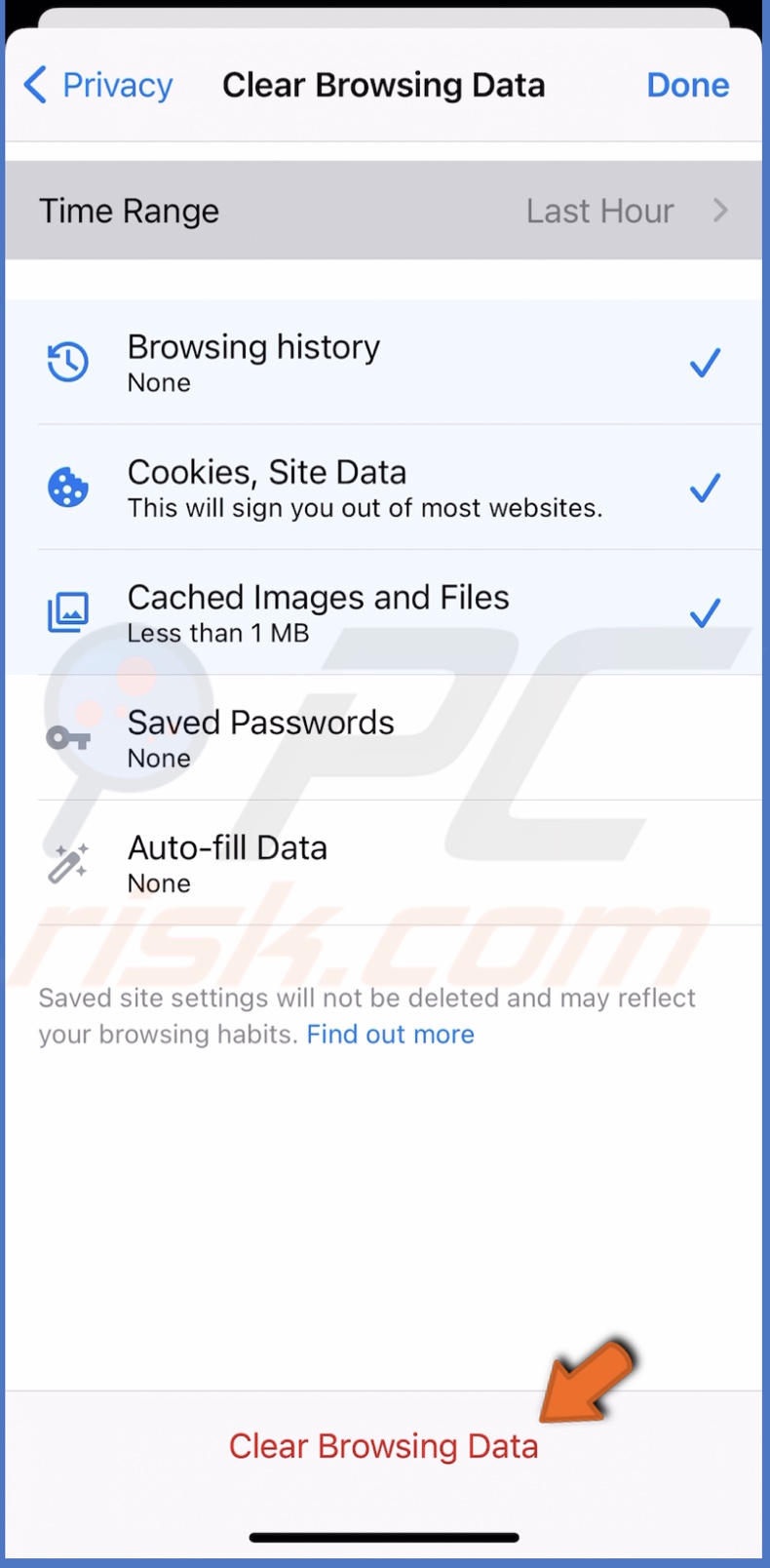 Clear Chrome cache and cookies in iOS