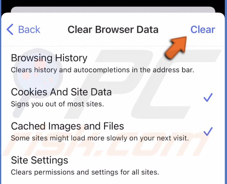 Clear Opera cache and cookies in iOS