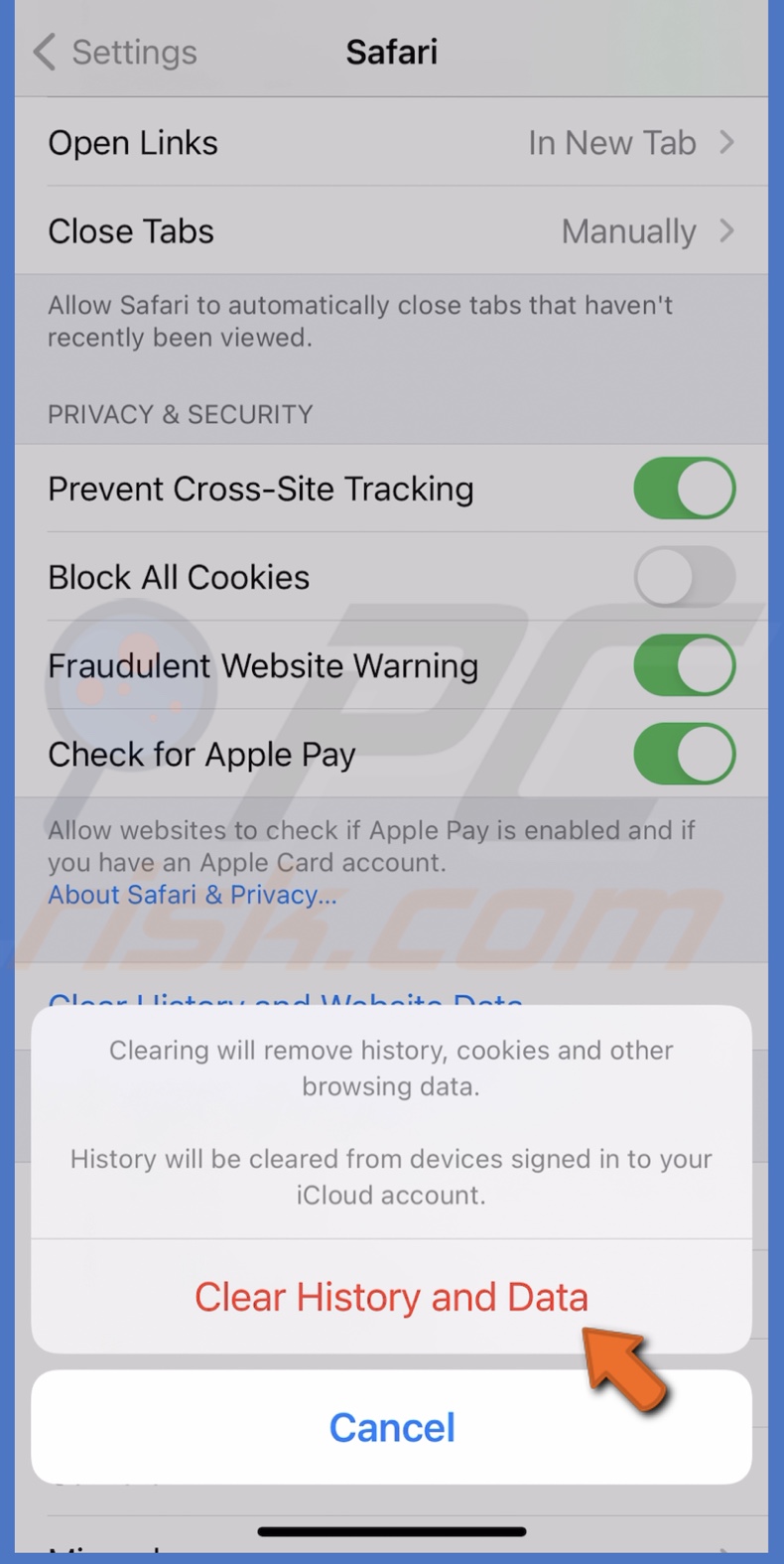 Clear safari cache and cookies on iOS