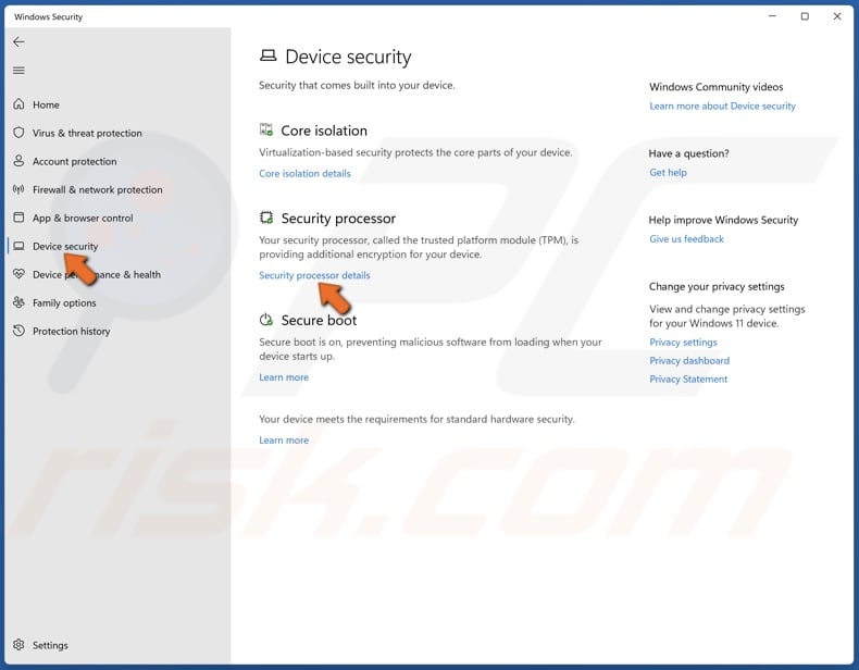 장치 보안을 클릭하고 보안 프로세서 세부 사항을 클릭하십시오