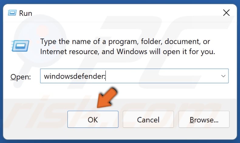 WindowsDefender'ı yazın: Çalışma ve Tamam'ı tıklayın