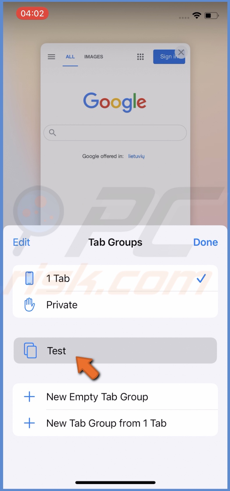 Tap and hold the tab group