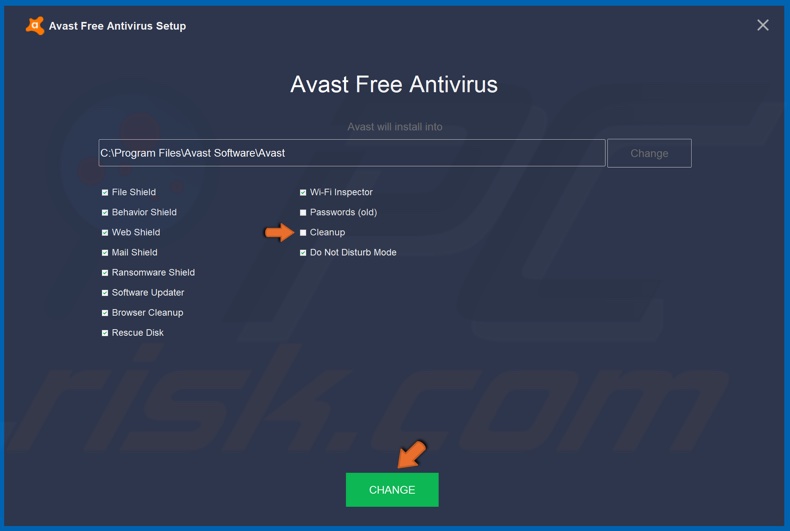 Uncheck Avast's Cleanup Tool and click Change