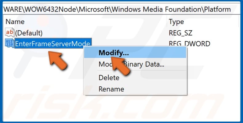 Right-click EnterFrameServerMode and click Modify