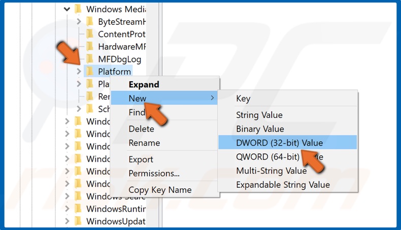 Right-click Platform, click New and select DWORD (32-bit) Value