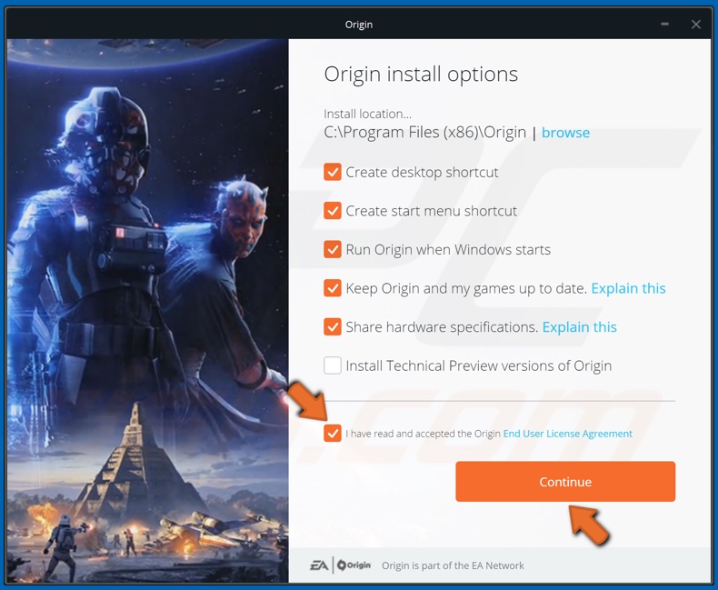 Agree to the Origin End User License Agreement and click Continue