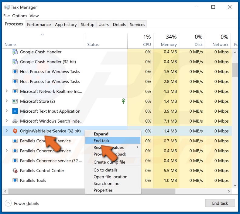 In the Task Manager right-click OriginWebHelperService and click End task