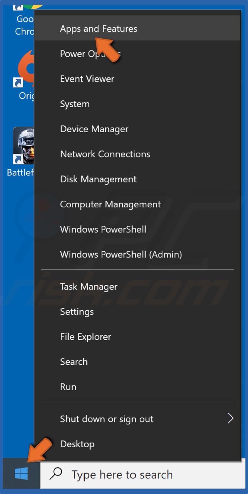 Right-click the Windows Start Menu button and click Apps and Features