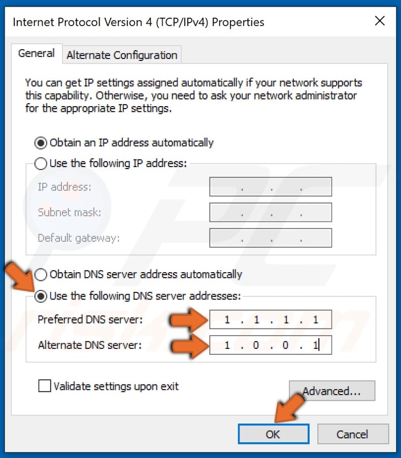 Enter Preferred and Alternate DNS addresses and click OK
