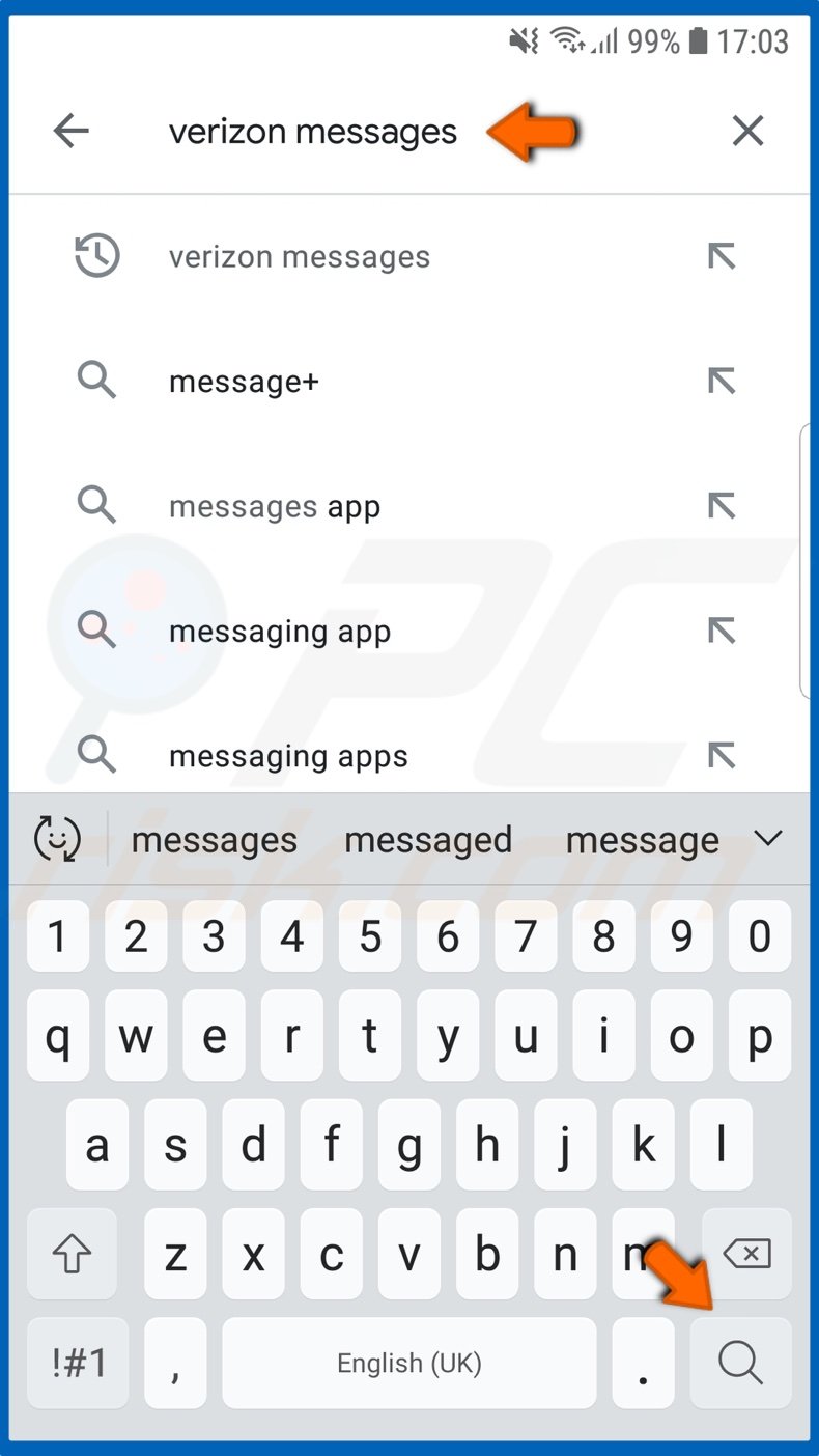 In the Play Store search box, type in Verizon Messages