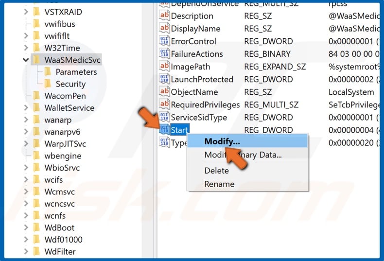 Right-click Start and click Modify