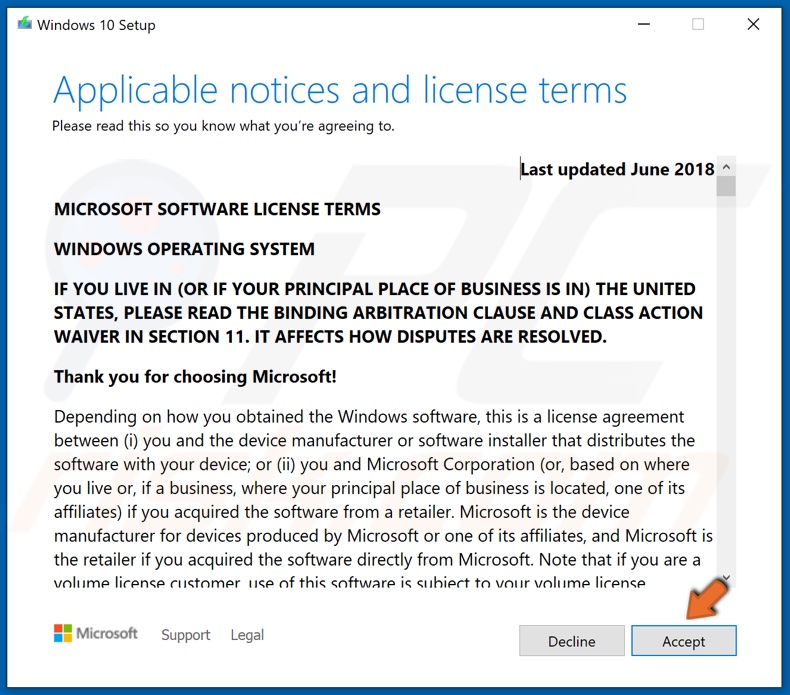 Accept the Windows 10 license agreement