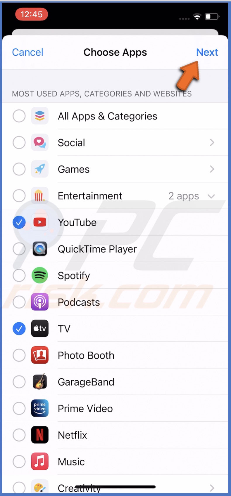 Choose apps to set a limit in iOS